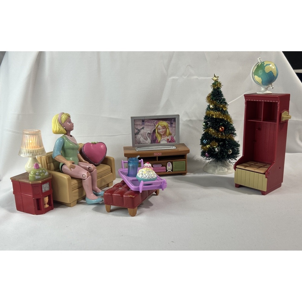 Fisher Price Loving Family Living Room- Sofa W/ Lamp, TV, Ottoman, Chair, Mom